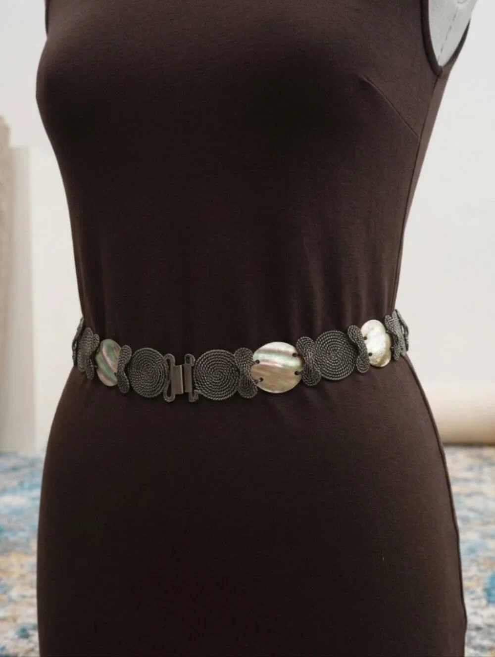 Vintage  Boho Metalic Concho And Mother Of Pearl Elastic   Stretch Waist  Belt